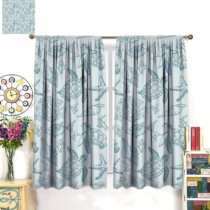 BAEKJIN Turtle Starfish Curtains,Coral Starfish Seashell Beach Sea Seashell Theme Pattern Print Decor Home Bedroom Living Room Window Treatmen 2 Panel Set 42x45 Inch