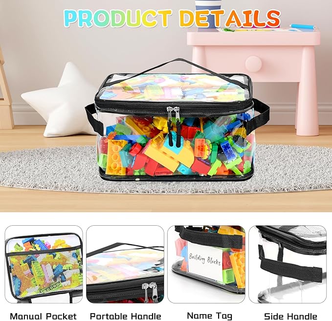 8 Packs Extra Large Toy Storage Bags with Labels, Reusable Clear PVC Board Game Storage, Travel Waterproof Toy Organizer Bags with Name Tag and Manual Pocket for Building Blocks, Puzzle, Kids Books