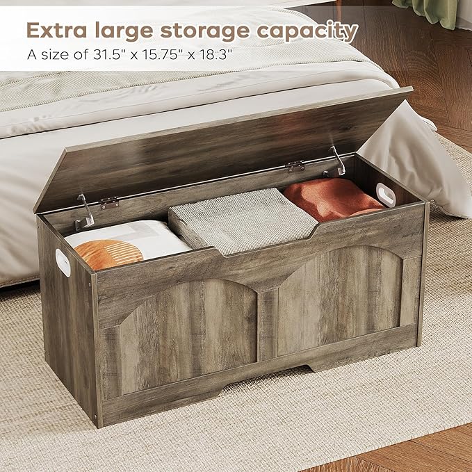 Storage Chest, 31.5" Retro Wooden Storage Trunk Bench with 2 Safety Hinges, Entryway Bench, U-Shaped Opening, Easy Assembly, 31.5" x 15.7" x 18.3" Storage Chest Box Organizer Bench, Light Greige