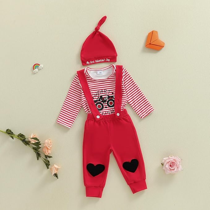 Newborn Infant Baby Boy Valentines Outfit Heart Crusher Long Sleeve Striped Romper + Red Suspender Pants + Hat 3Pcs