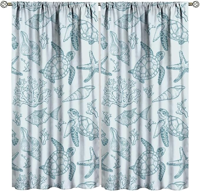 Turtle Starfish Curtains,Coral Starfish Seashell Beach Sea Seashell Theme Pattern Blackout Print Home Bedroom Living Room Window Treatmen 2 Panel Set 63x72 Inch