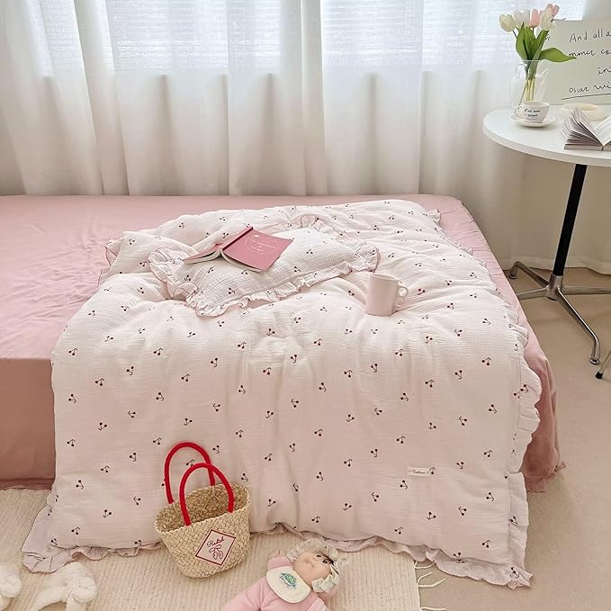 BuLuTu Crib Bedding Duvet Cover for Boys Girls Cotton Muslin Baby Crib Duvet Cover Nursery Bed Decoration Gift, 47"x59", Cherry Print (No Pillowcases)