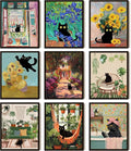 Funny Black Cat Poster Wall Art Set of 9, Vintage Van Gogh Black Cat Canvas Prints, Colorful Cat Floral Aesthetic Prints Wall Decor Paintings for Bedroom Bathroom Dorm Home Decor 8x10In Unframed