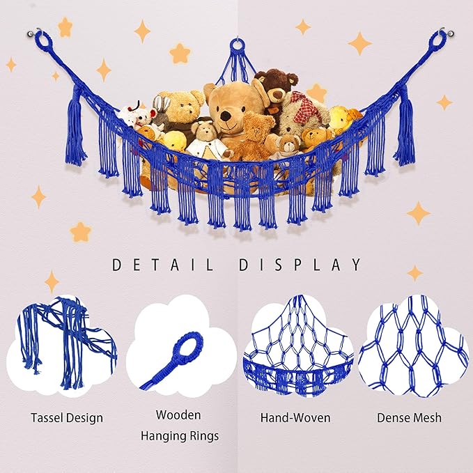 Stuffed Animal Hammock with LED Light, Large Stuffed Animals Storage Corner Plushie Net for Kids Room Decor, 2 Packs Royal Blue