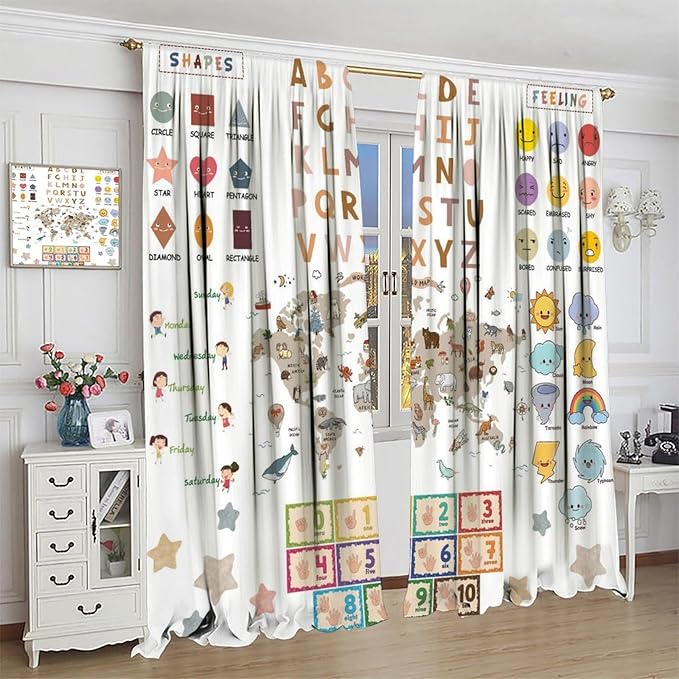 Kids Educational Curtain,Pastel ABC Alphabet Continents Map Numbers Shapes Weather Learning Tools Boy Girl Nursery Rod Pocket Blackout Window Treatments for Bedroom Living Room 42" W X 63" L