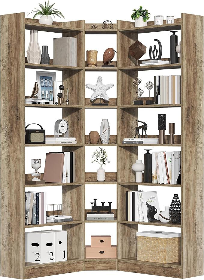 70.8" Tall Corner Bookshelf and Bookcases, 7 Tiers Morden Large Etagere Bookcases Storage Display Rack with Baffle, Industrial L-Shaped Bookshelves for Bedroom, Home Office, Living Room, Brown