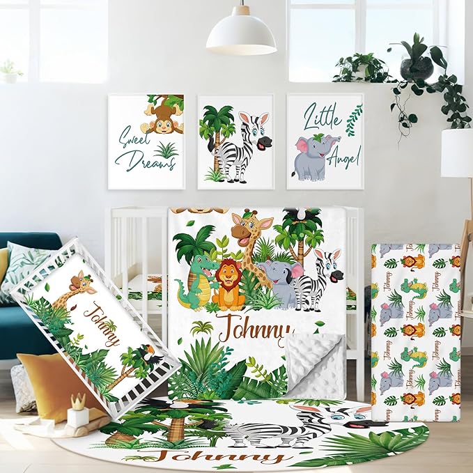 Personalized Baby Crib Bedding Set, 5 Pcs Custom Name Nursery Bedding Set for Boys Girls, Safari Animals Theme Baby Bedding Sets, Flannel Blanket, Newborn Infant New Parents Cusotmized Gifts