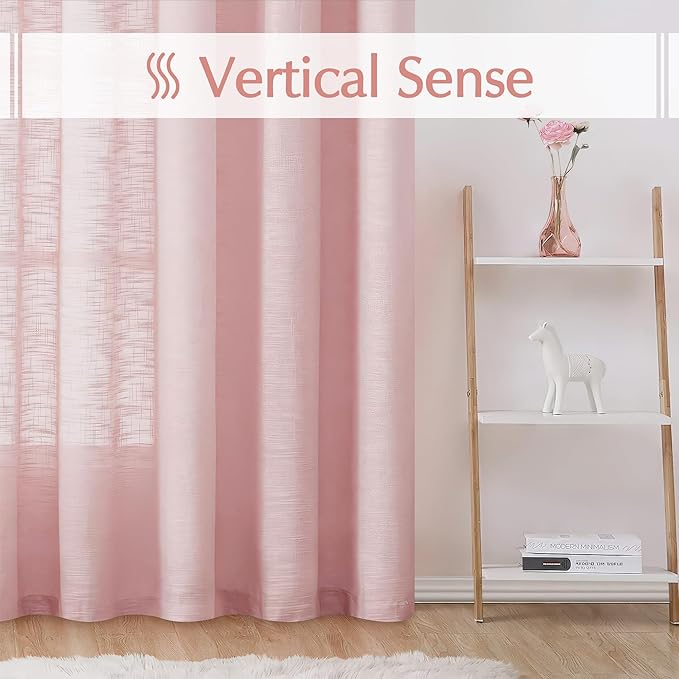 FMFUNCTEX Linen Semi Sheer Curtains for Bedroom, Blush Pink Curtains 96 Inches Long for Living Room, Country Farmhouse Sheer Drapes, Light Filtering Window Curtain, Grommet Top 2 Panels