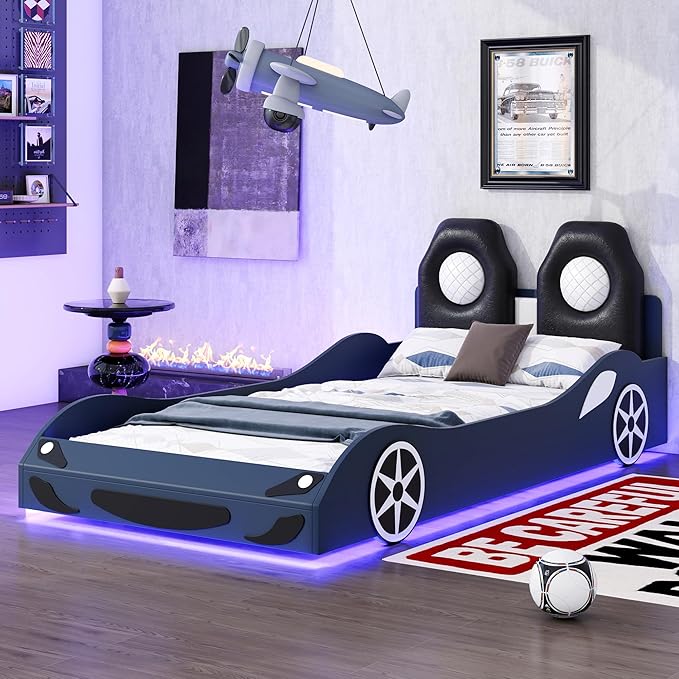 Harper & Bright Designs Wood Twin Size Race Car-Shaped Platform Bed with LED and Upholstered Backrest, Blue