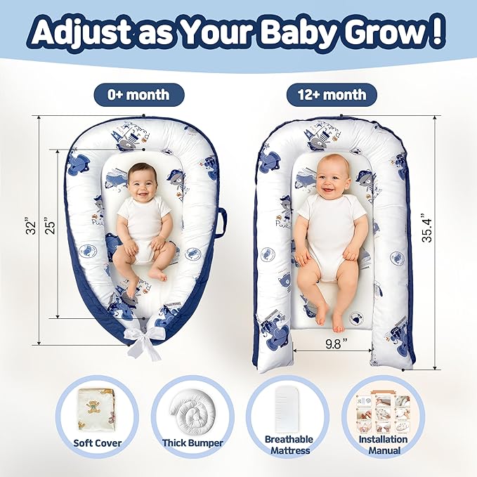 Baby Lounger for Newborn 0–24 Months, Baby Pillow & Baby Nest Lounger, Organic Cotton Breathable Infant Pillow, Portable Baby Nest for Home & Travel (Blue)
