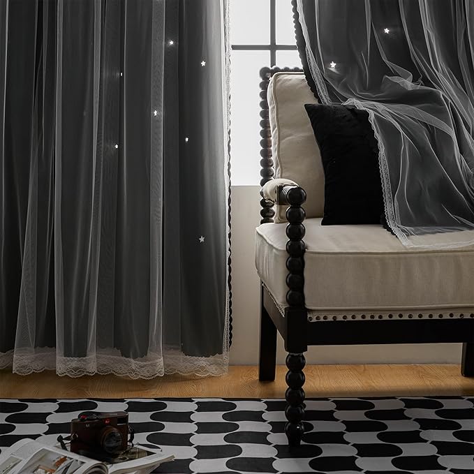 XiDi Black Curtains for Bedroom 2 Panel Set, Blackout Curtains for Girls Bedroom Decor, Star Hollow Out Drapes for Kids Room, Double Layer Window Treatment for Living Room 52x84 Inches Long