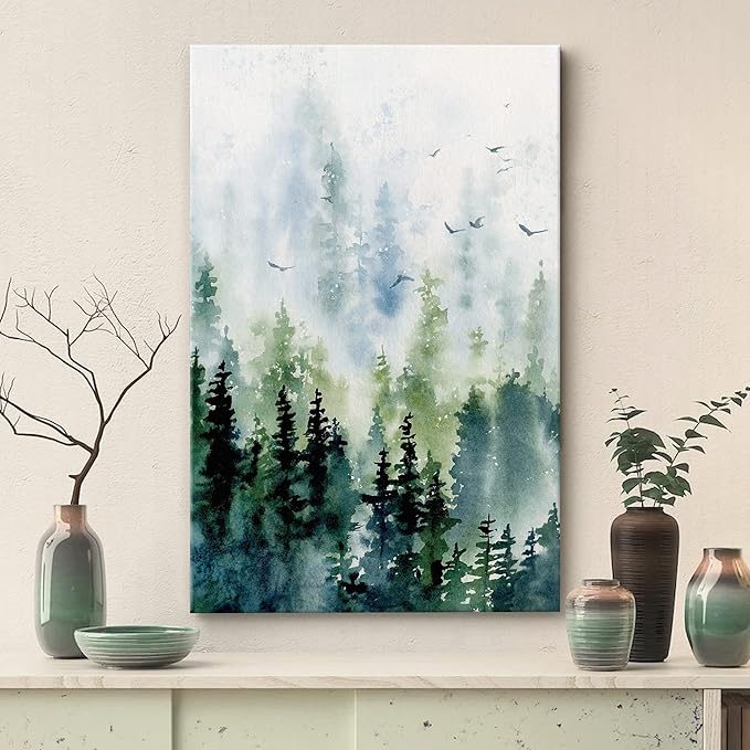 SIGNWIN Canvas Print Wall Art Woodland Nursery Decor Watercolor Pastel Pine Tree Bird Sky Nature Illustrations Modern Art Decorative Landscape Colorful for Living Room, Bedroom, Office - 12"x18"