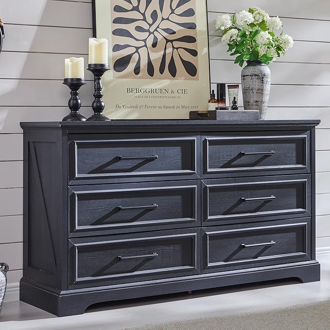ACCOHOHO Farmhouse 6 Drawer Dresser for Bedroom, 52 Inch Wide Modern Dresser TV Stand with Large Drawers & Bar Handles, Rustic Wood Chest of Drawers for Bedroom, Living Room, Hallway, Black