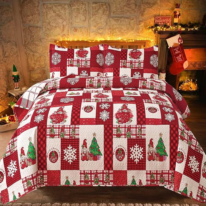 Gnome Christmas Quilt Bedding - King Size, Red Plaid, Holiday Lightweight Reversible Quilt Bedspread