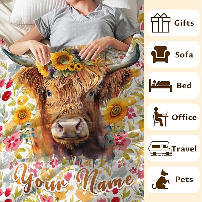 Custom Highland Cow Blanket Gifts with Name - 50x40 Inches Vintage Throw Blanket for Women, Girls - Colorful Soft Fuzzy Blankets for Sofa Couch - Gift for Mom Doughter Grandma
