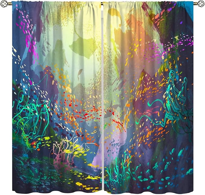 Ocean Decor Curtain, Untouched Wild Underwater Aquatic World Corals Exotic Fishes Seascape Curtain for Living Room Cafe Set 2 Panels,42x45 Inches, Style-2