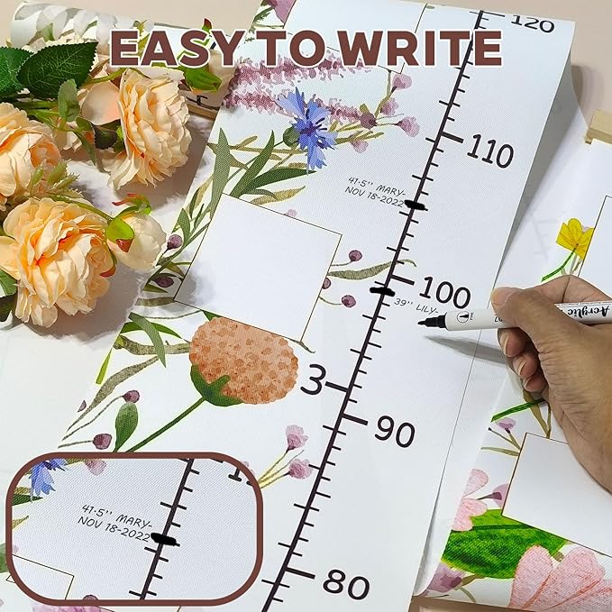 Wild Natural Flowers Baby Growth Height Chart with Keepsake Box Hook Pen Set 79 Inches Removable Ruler Measuring Chart Waterproof Canvas Measure Removable Wall Decor for Baby Kids Toddlers