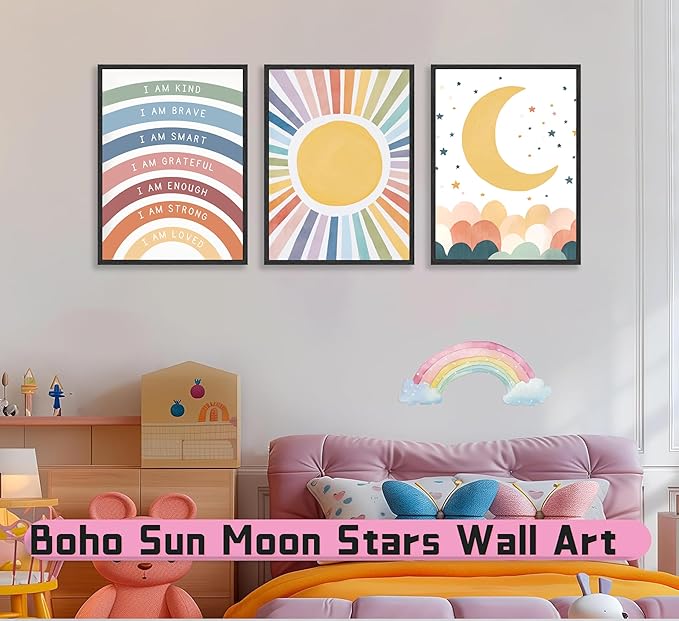 KBIERQN 3Pcs Boho Sun moon Wall Art Nursery Positive Affirmations Rainbow Poster Prints Bohemian Star Heart Canvas Picture for Toddler Baby Girls Room Playroom Bedroom Wall Decor 12x16in Unframed