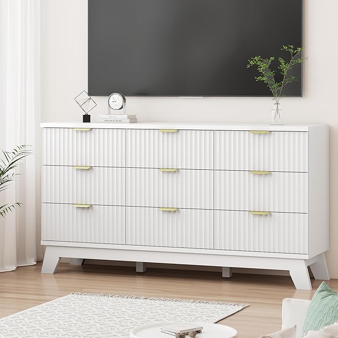 Fluted Dresser for Bedroom with 9 Drawers, 57" Wide Modern Chest of Drawers with Metal Handle, Wooden Dresser TV Stand, Wood Closet Clothes Storage Organizer for Living Room, Hallway, White