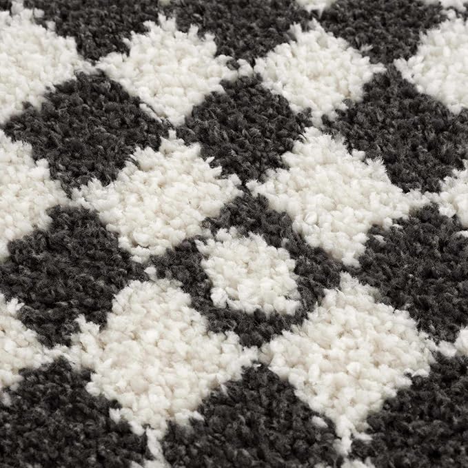 Hauteloom Kieu Contemporary Checkered Fluffy Shag Area Rug - Modern Geometric Soft Carpet Tiles for Living Room, Kids Room, Nursery - Black, White - 6'7" x 9'