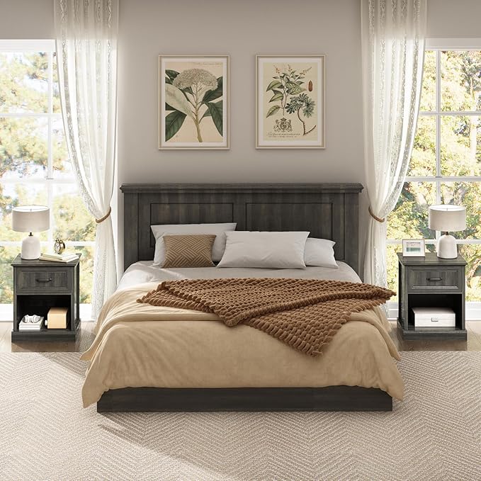 CARPETNAL Farmhouse Dresser and Nightstand Sets for Bedroom, 3 Pcs Bedroom Set, 6 Drawer Dresser & Nightstand Set of 2, Modern Wood Chest of Drawers for Bedroom, Living Room, Entryway, Grey