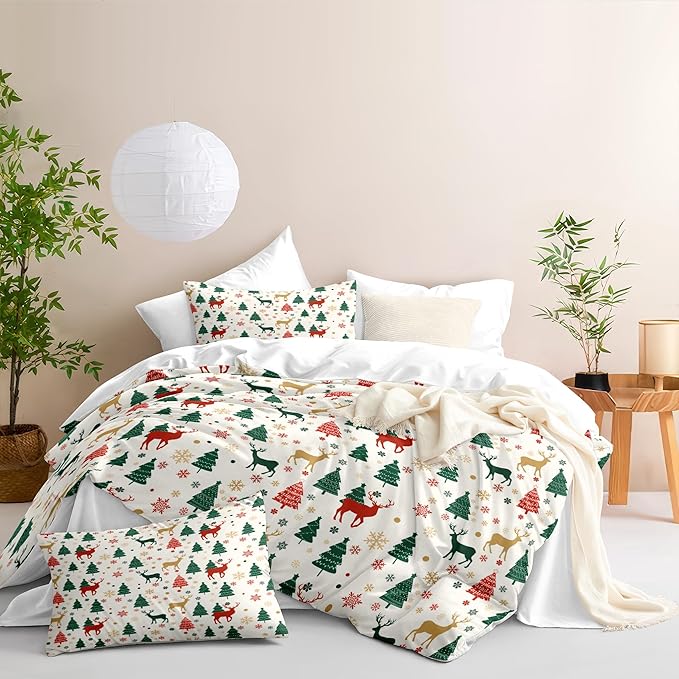 Christmas Duvet Cover Twin Size Green Christmas Tree Bedding Set Kids Boys Girls Xmas Deer Pattern Comforter Cover 2 Pcs with Zipper Closure (No Comforter)