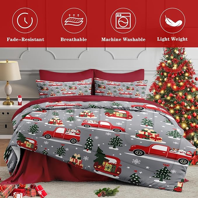 7 Pcs Queen Size Christmas Comforter Set with 2 Pillowcases & 2 Shams, Red Cartoon Truck Bedding for Kids and Adults, Merry Winter Pine Tree Bed in a Bag with Flat Fitted Sheet