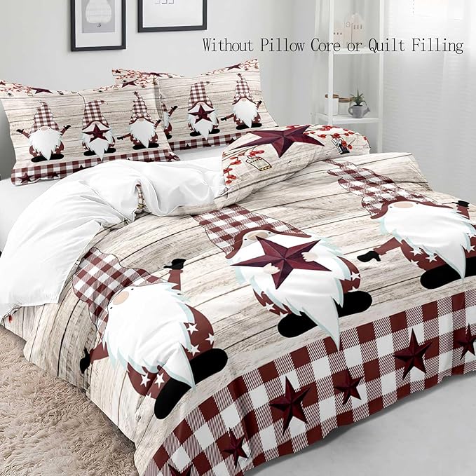LUVIVIHOME 3PCS Christmas Gnome Duvet Cover Full Bedding Set, Primitive Country Rustic Farmhouse Bedding, Holly Berry Star Red Buffalo Plaid Checkered Comforter Bedspread Quilt Cover, 2 Pillow Shams