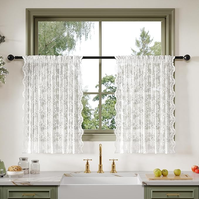 Anmao Vintage Lace Valance Kitchen Curtains 36 Inches Long 2 Panels, Semi Sheer Floral Over Sink Lacy Cafe Curtain, Elegant Window Short Small Drapes, 55W x 36L, White Plum