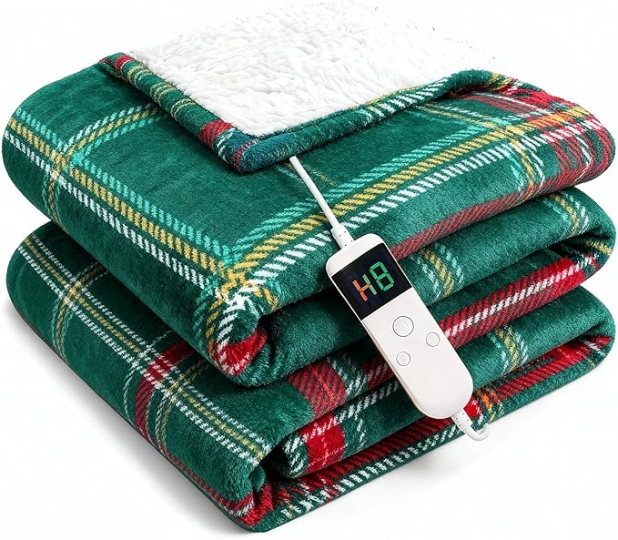 Electric Blanket Heated Twin, Soft Flannel 62"x84" Plaid Heating Blanket with 8 Hours Auto Off 10 Fast Heating Levels Machine Washable Sherpa Heated Blanket with Overheating Protection