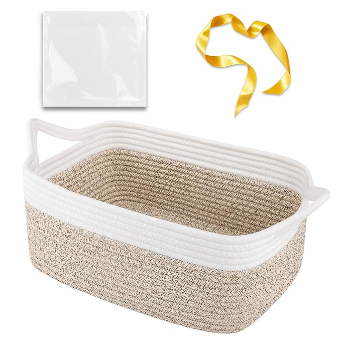 OIAHOMY Small Woven Rope Basket with Gift Bags and Ribbons, Gift Basket Empty for Baby Shower Birthday, Halloween, Christmas, Cute Cat Ear Handles for Shelf Living Room Bathroom, Grey & White