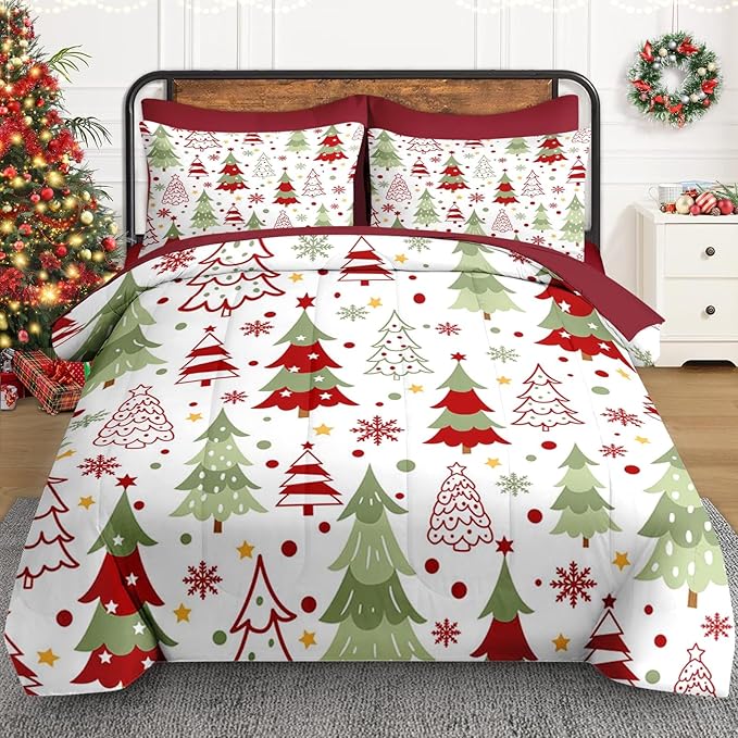 7 Pcs Full Size Christmas Comforter Set with 2 Pillowcases & 2 Shams, Colorful Xmas Tree Bedding for Kids and Adults, Funny Winter Holiday Bed in a Bag with Flat Fitted Sheet
