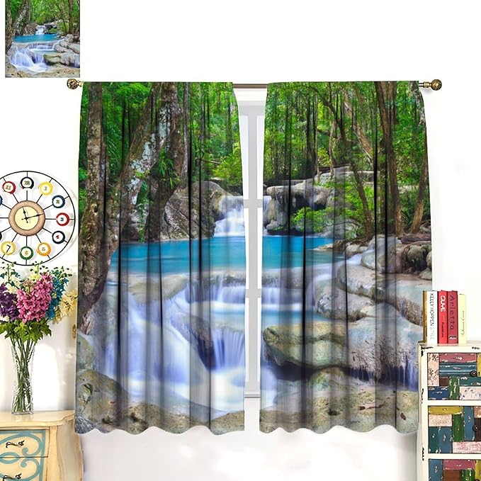Forest Waterfall Blackout Curtains, Spring Nature Theme Natural Scenery Mountain Scenery Rod Pocket Window Drapes, for Bedroom Living Room 72" W X 63" L
