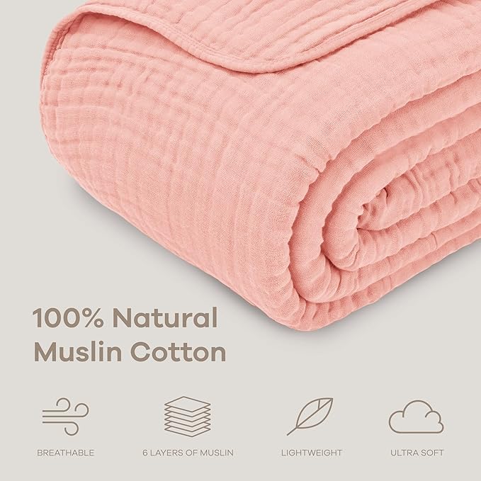 Comfy Cubs Muslin Blanket for Adults Queen 90" x 90" - 6 Layer Soft, Breathable & Lightweight Muslin Adult Blanket - Machine Washable & Designed in The US Bedding for All Seasons - Lace Pink