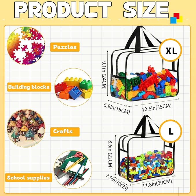 6PCS Toy Storage Bags, Clear Waterproof Toy Organizer Bags with Labels, Suitable for Storing Building Blocks, Puzzles, Stationery, and Books (6PCS XL: 13.8 * 9.25 * 6.9Inch)