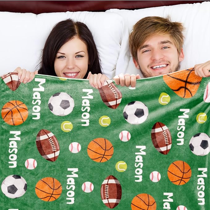Personalized Ball Blanket with Name for Boys, Custom Name Blanket for Kids Ball, Soft Flannel Ball Toddler Blanket Customized Gift for Birthday Christmas Baby Shower Newborn Gift 30x40in