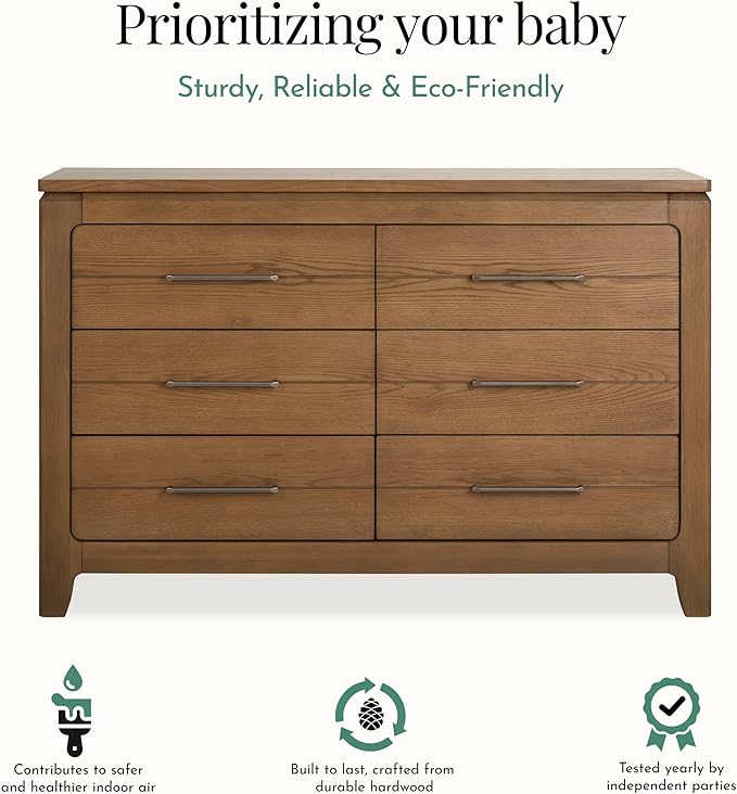 Evolur Oakley Double Dresser – 6 Drawer Nursery & Bedroom Dresser, Solid Poplar Wood Storage Organizer, Hickory Finish, Durable Modern Design