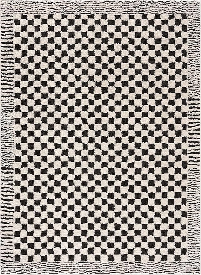 Hauteloom Leryn Contemporary Checkered Runner Rug - Modern Geometric Bordered Carpet for Hallway, Kitchen - Checkboard Design - Square Tiles - High Pile - Black and White - 2'8" x 7'3" (2x8)