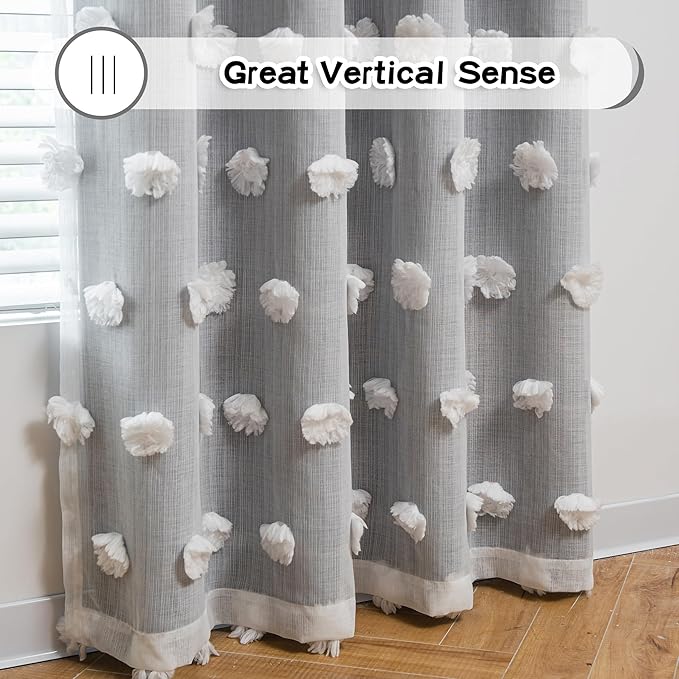 MYSKY HOME Grey Curtains for Bedroom 63 Inch Long Curtains for Kids Room Double Layer Nursery Curtains White Pom Pom Sheer Dining Room Grommet Room Darkening Window Curtains 2 Panels Set, 52 x 63 in