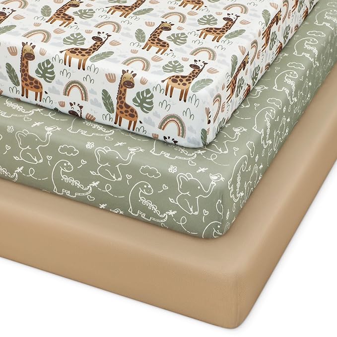 Pack and Play Sheets Fitted, 3 Pack Soft Stretchy Baby Mini Crib Sheets for Pack N Play Mattress and Portable Playard Sheets for Boys and Girls Brown Giraffe Elephant