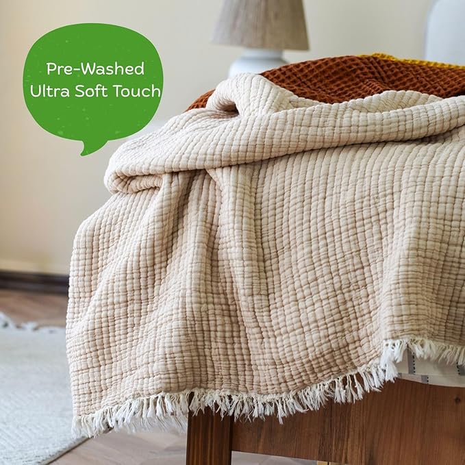 Cotton Muslin Blanket – Soft Muslin Comforter Quilt Made from Premium Muslin Fabric, Lightweight Breathable Cotton Quilt for All Seasons (Cream Beige, Twin)