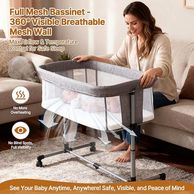 Bassinet Bedside Sleeper with Wheels, 5 Height Adjustable Baby Crib, 2-in-1 Baby Bedside Bassinet, Breathable Full Mesh & Mattress, Stable and Secure Bed for Newborn Infant