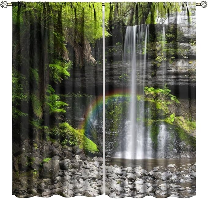 Natural Landscape Waterfall Blackout Curtains, Forest Falls Spring Natural Scenery Green Plant Tree Leaf Rod Pocket Window Drapes, for Bedroom Living Room 84" W X 84" L