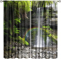 Natural Landscape Waterfall Blackout Curtains, Forest Falls Spring Natural Scenery Green Plant Tree Leaf Rod Pocket Window Drapes, for Bedroom Living Room 42" W X 54" L