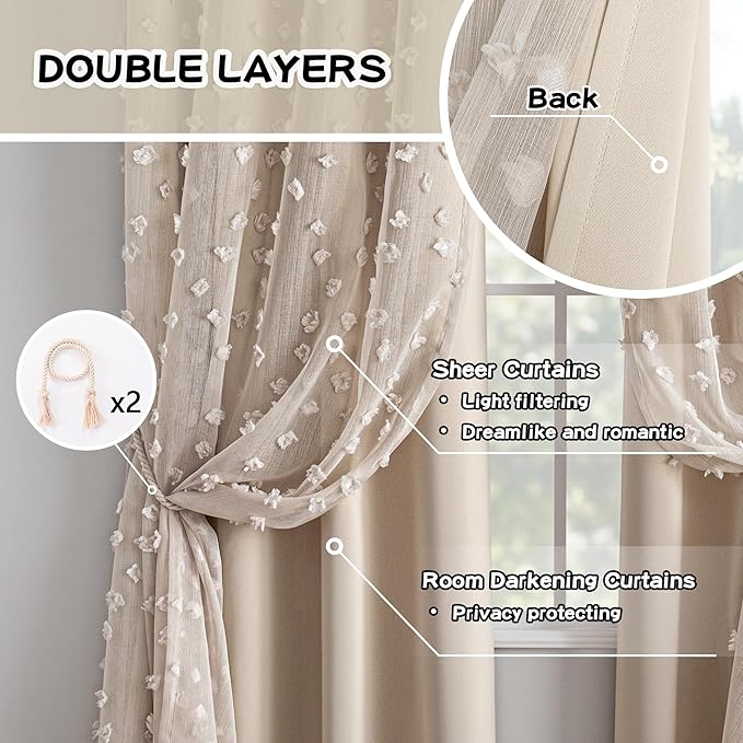 MYSKY HOME Beige Curtains for Bedroom 95 Inches Long Living Room Curtain with Beige Pom Pom Sheer for Dining Room Grommet Double Layer Nursery Curtain Toddler Room Darkening Window Drapes 52 Wide