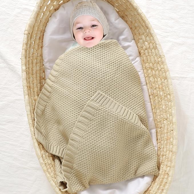 mimixiong Baby Blanket Knit Swaddle Blanket Soft Warm Crochet Neutral Receiving Unisex Baby Blanket for Boys and Girls Light Camel40 x 30 inches
