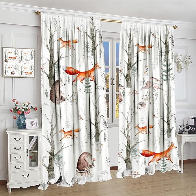 Rustic Forest Window Curtains, Watercolor Woodland Animals Owl Hedgehog Fox Butterfly Forest Squirrel and Bear Blackout Windows Door Curtain for Bedroom Living Room Home Decor 63x63in