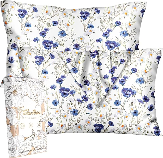 Silk Pillowcase 2 Pack - Pillow Cases 20" x 30" Queen Size Set of 2 for Hair and Skin Smooth Soft Breathable with Hidden Zipper Cooling Pillow Covers for Sleeping,Blue Daisy