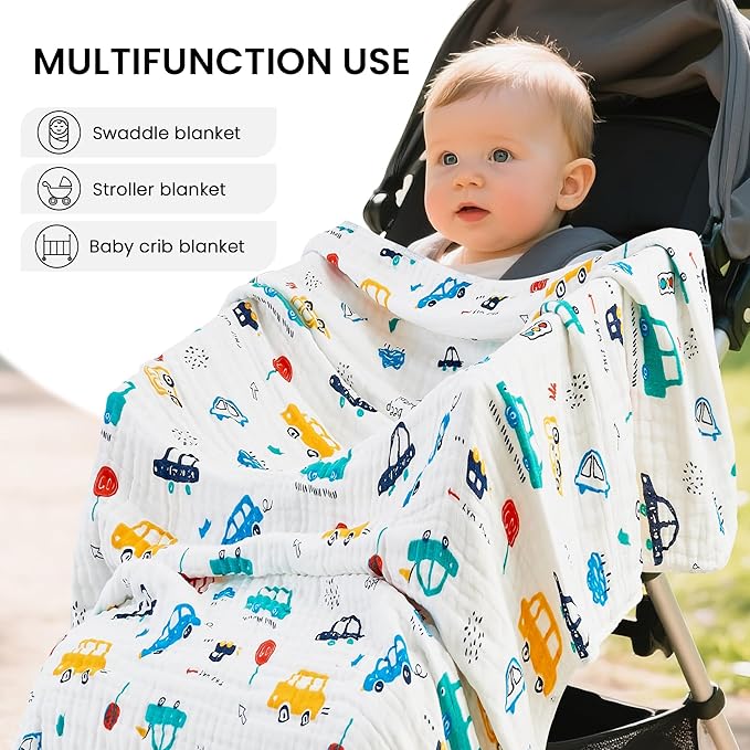 Luxury Muslin Baby Blanket, Cozy Swaddle, 6-Layer Cotton Receiving Blanket for Newborn Infant, 43x43 Inch Lightweight Breathable Crib Blanket, Nursery Stroller Toddler Quilt, Car Family