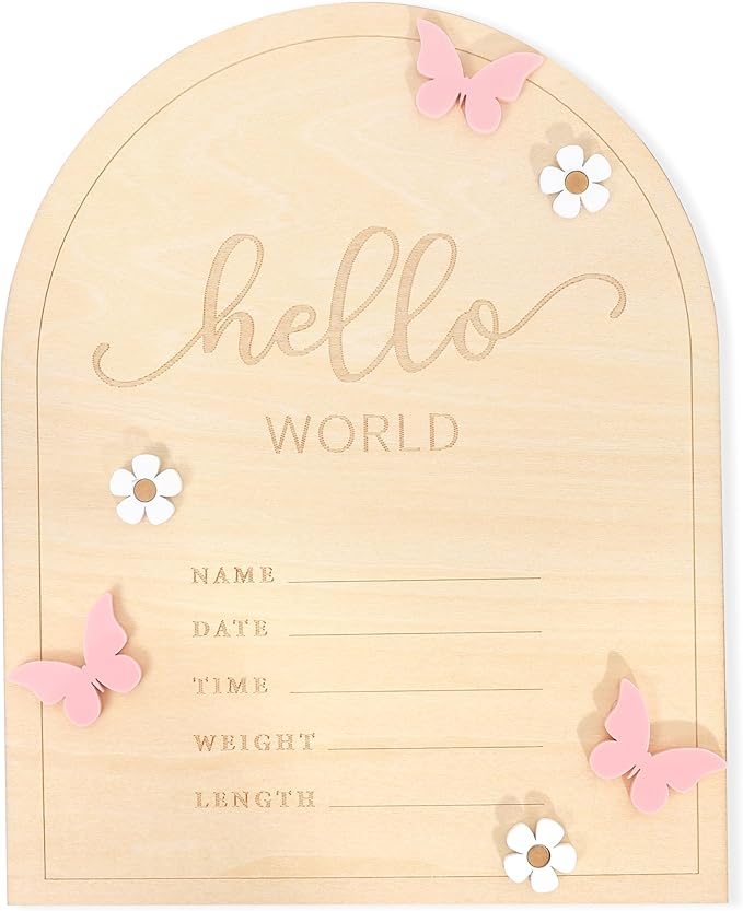 Hello World Newborn Sign - Baby Announcement Sign for Baby Showers, Pink Butterfly Newborn Birth Announcement Board, Daisy Wooden Milestone Card,Welcome.